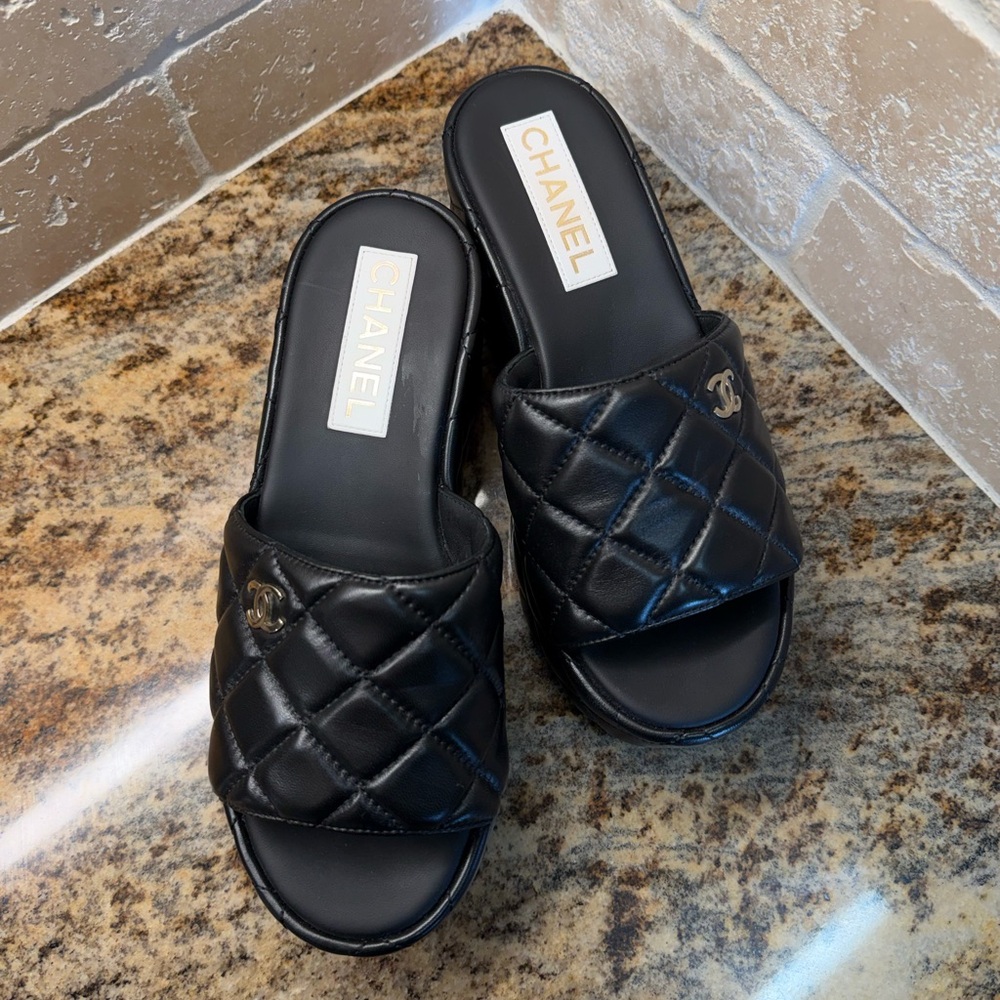 Chanel Black Quilted Mules